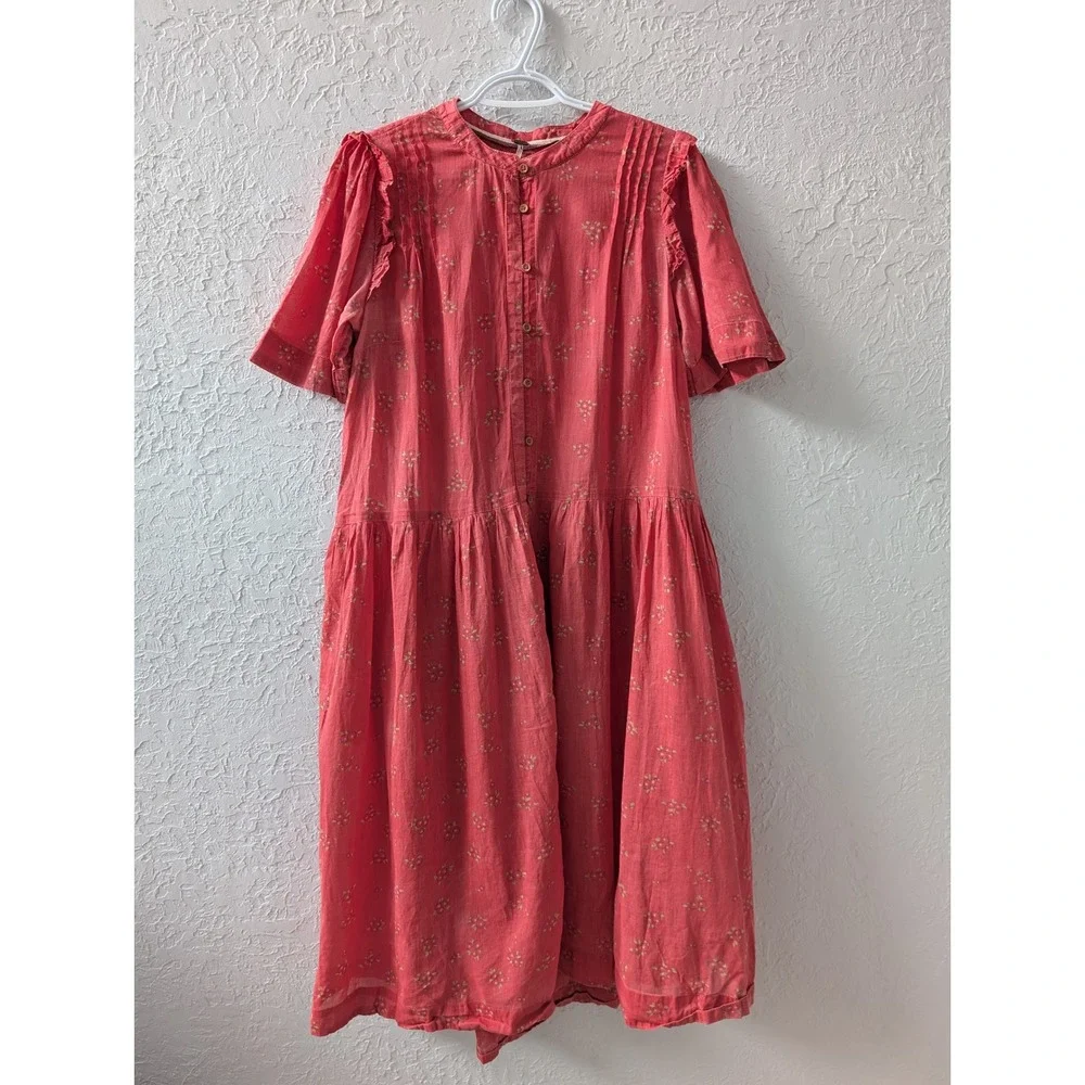 Free People Midi Dress Women Large Cotton Red Floral Ruffle Button Front Boho